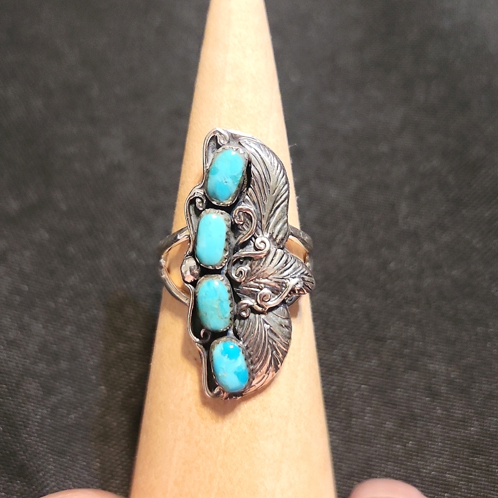 Turquoise Stone Silver Leaf Ring - Blue Accent Women’s Ring - Picture 5 of 5